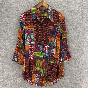 Pleats Collection Shirt Women M Medium Brown Geometric Button Up Collared Casual